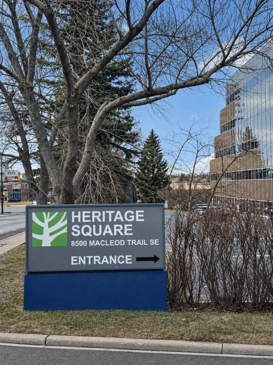 Heritage Square entrance sign at 8500 Macleod Trail SE, Calgary