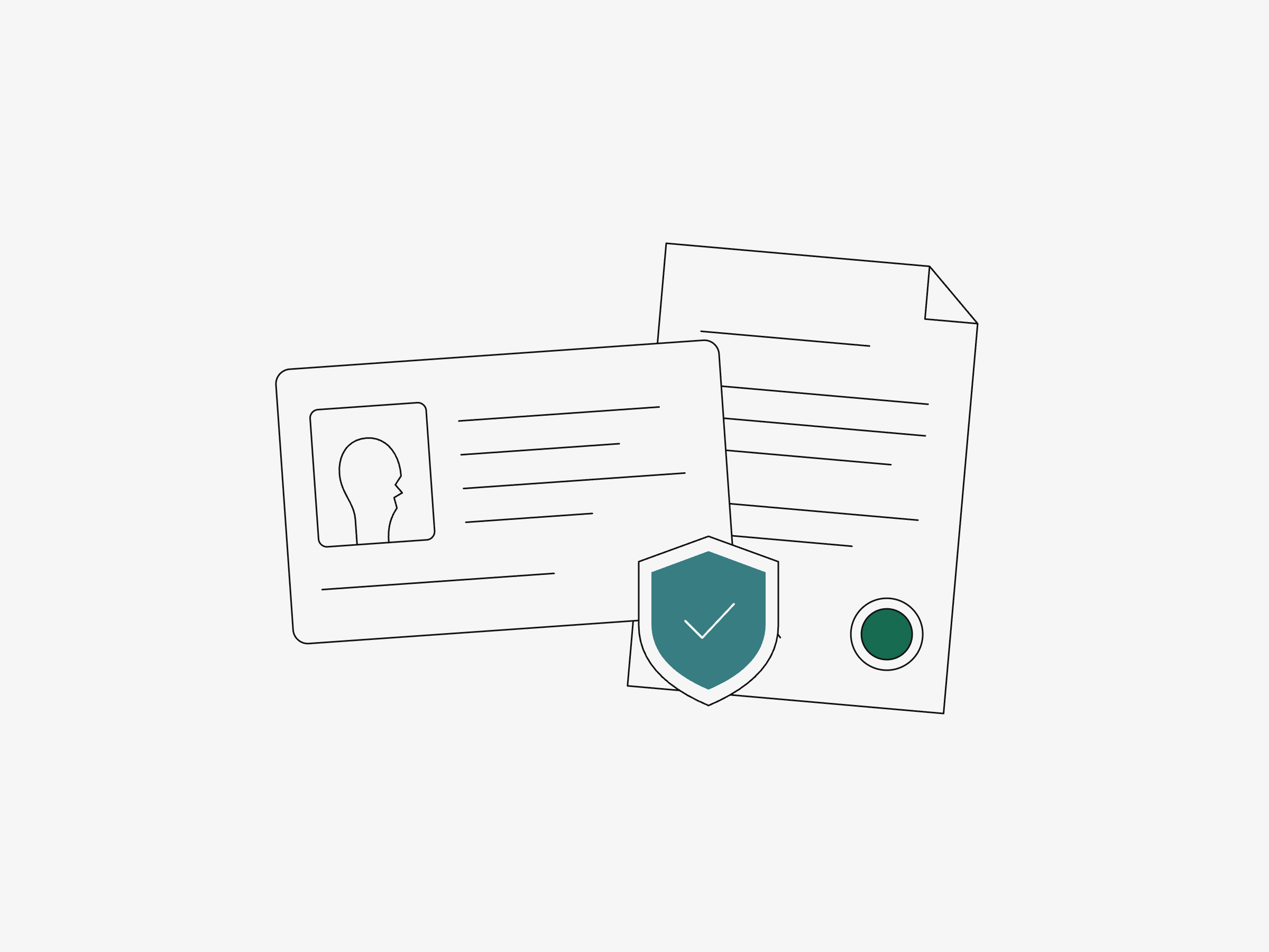 Line illustration of a professional license and insurance document with a verified check-mark shield