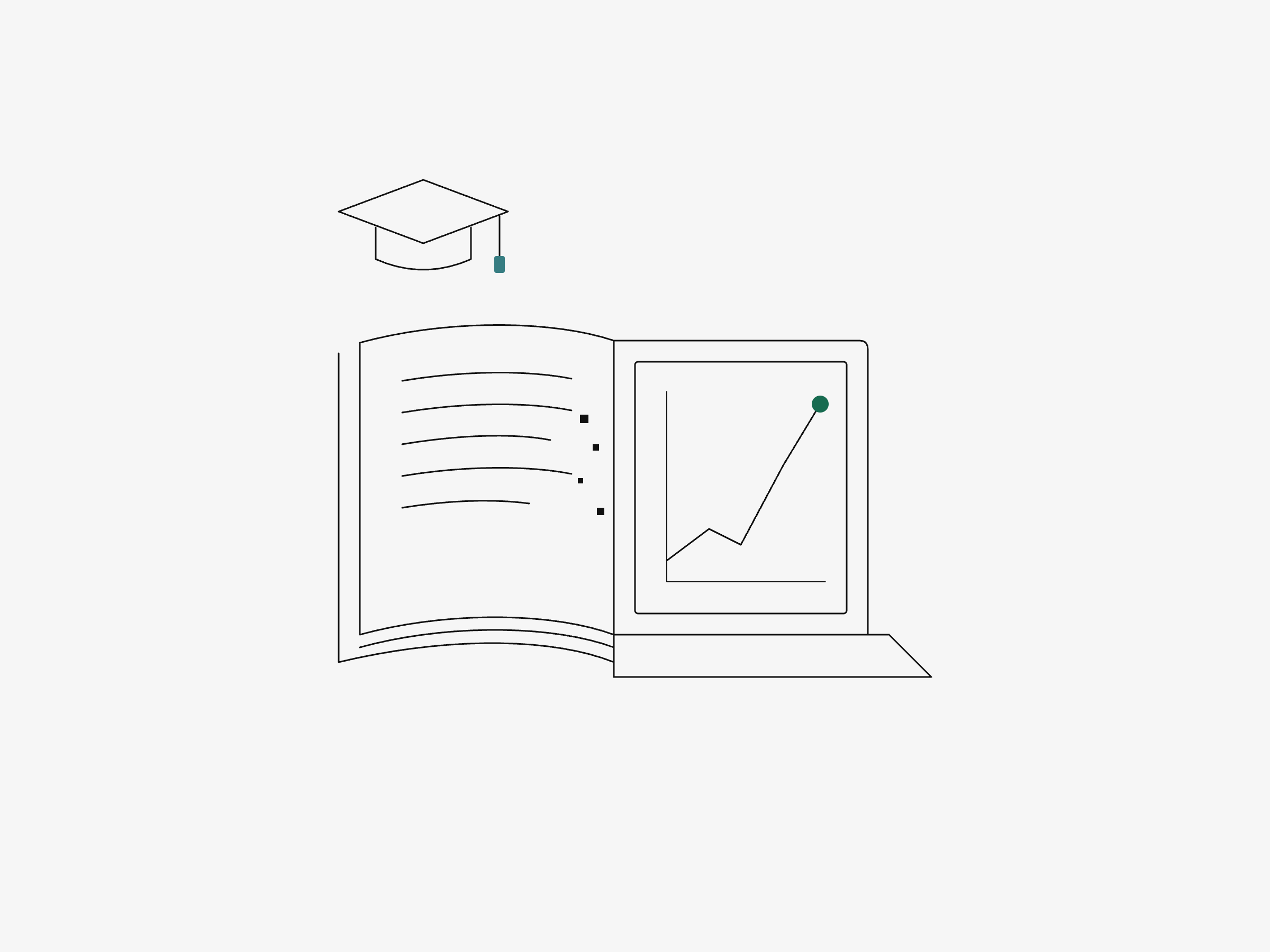 Line illustration of a graduation cap, an open guide and a laptop growth chart for esthetician business education