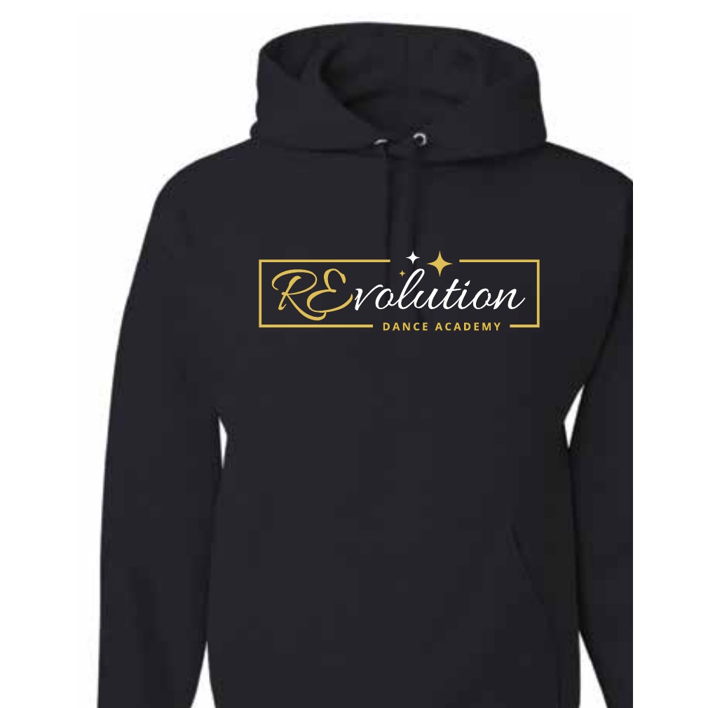Black RDA pullover hoodie with the gold REvolution Dance Academy logo