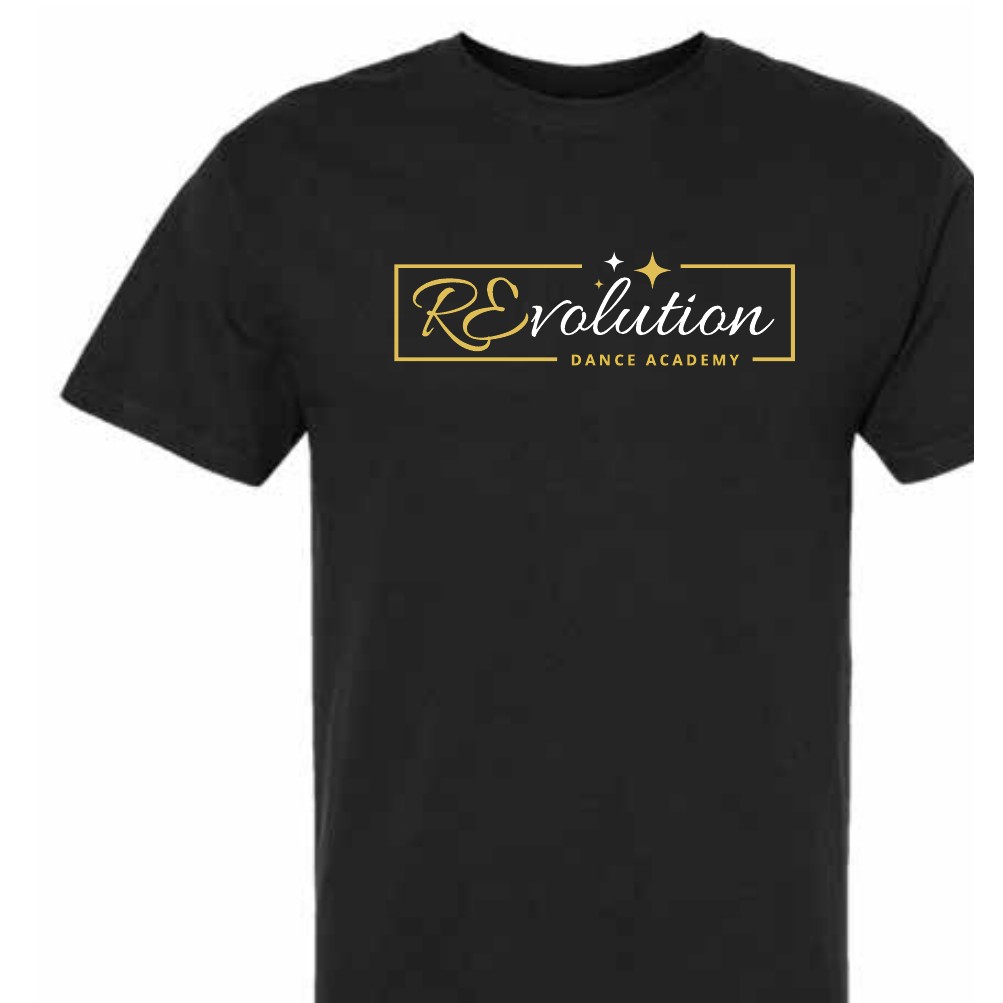 Black RDA Soft Touch tee with the gold REvolution Dance Academy logo