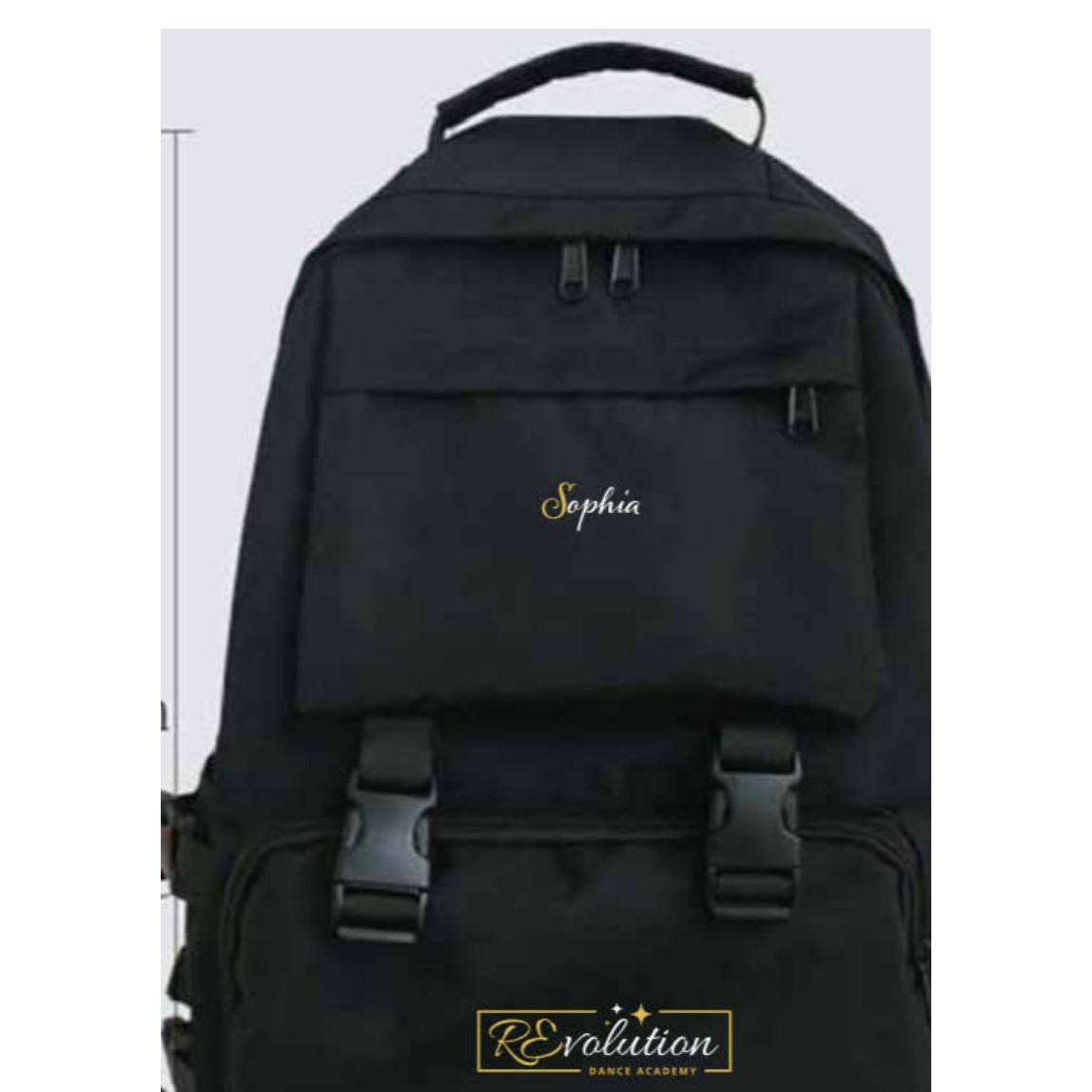 Black RDA backpack with embroidered name and gold REvolution logo