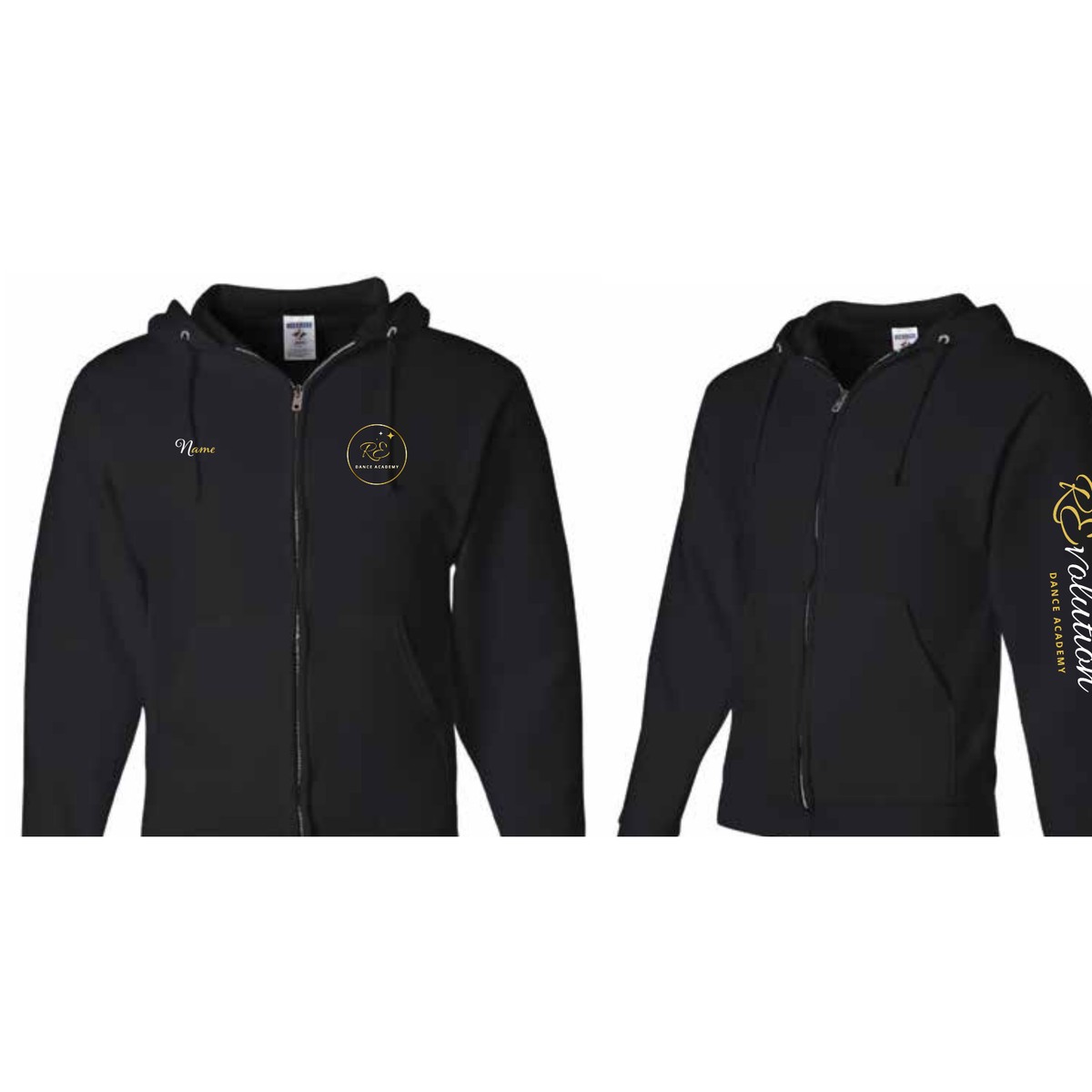 Black RDA full-zip hooded sweatshirt with gold logo, front and side view