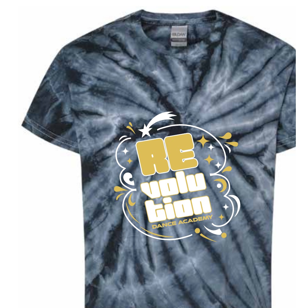 Blue tie-dye RDA youth hip hop tee with the REvolution bubble logo