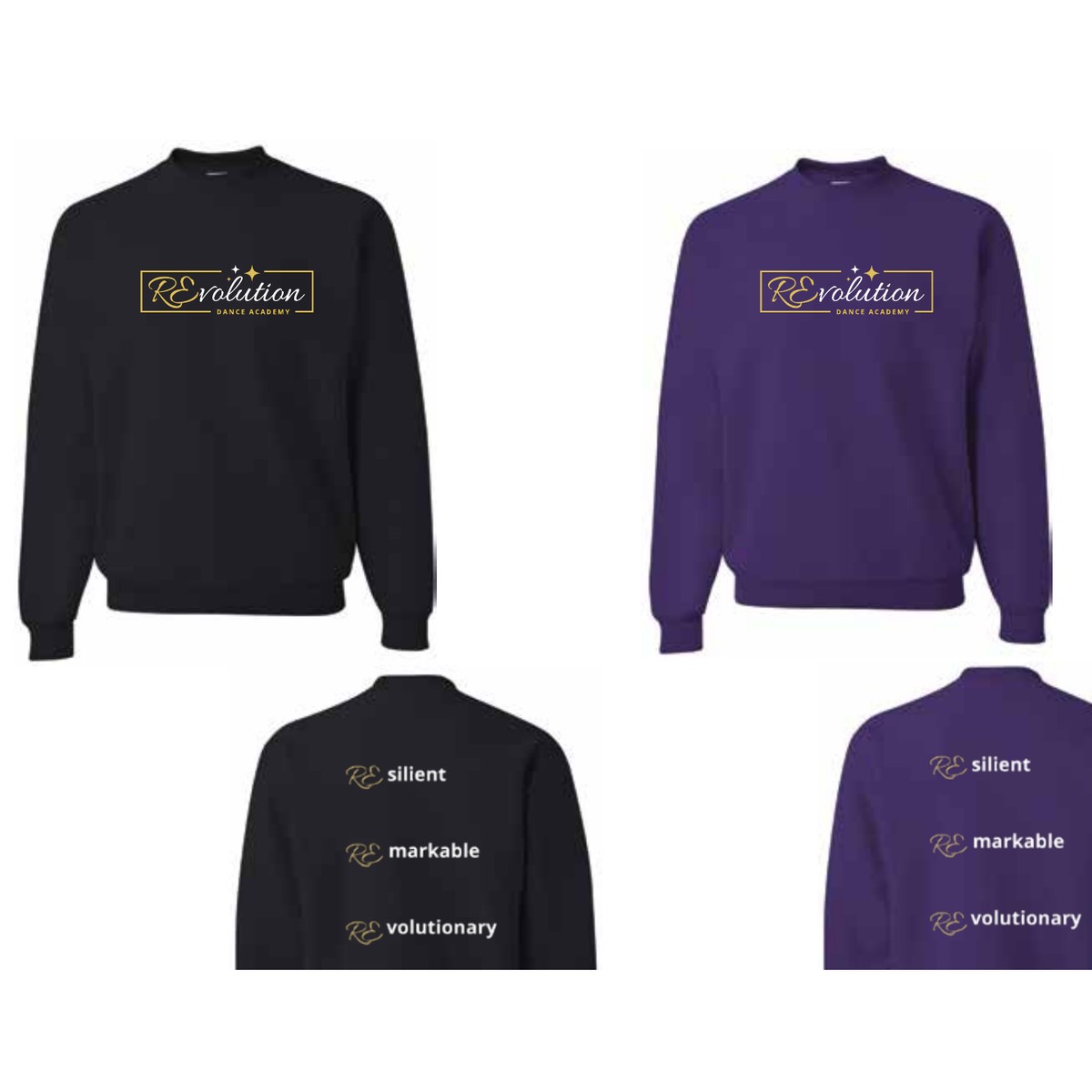 Black and purple RDA crewneck sweatshirts, front and back views