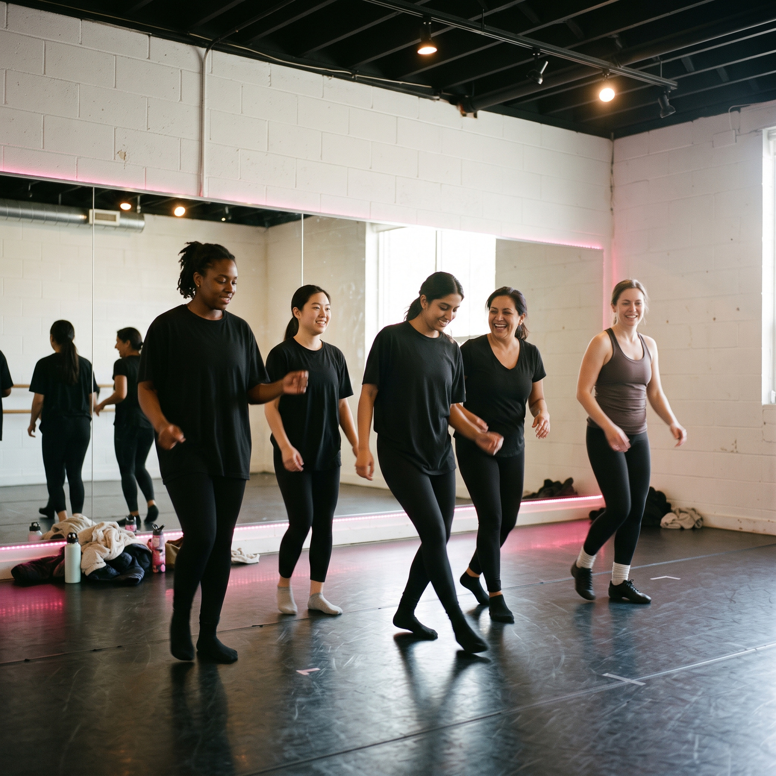 Adult beginner dancers moving through a combination in a mirrored studio at Revolution Dance Academy