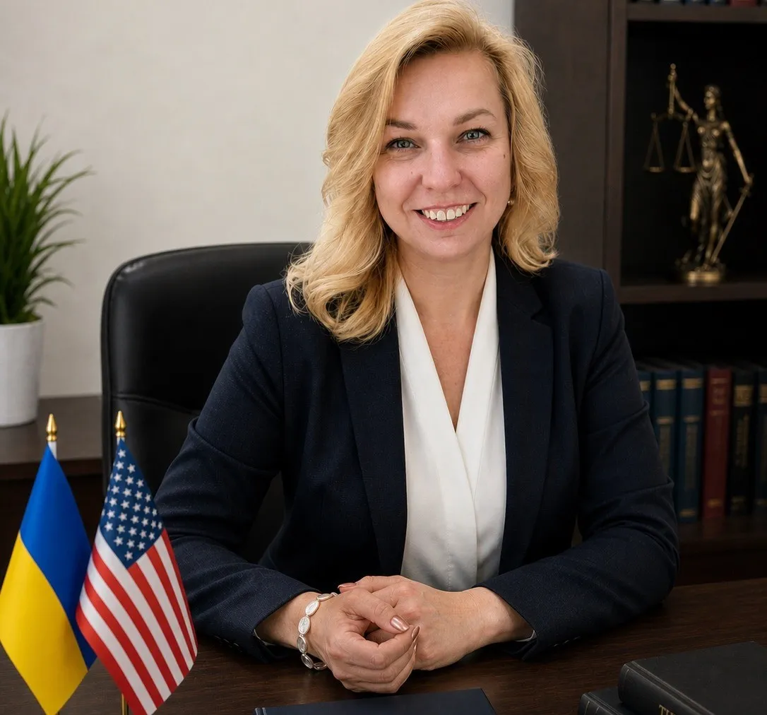 Olha Mykhno at her desk with Ukrainian and American flags