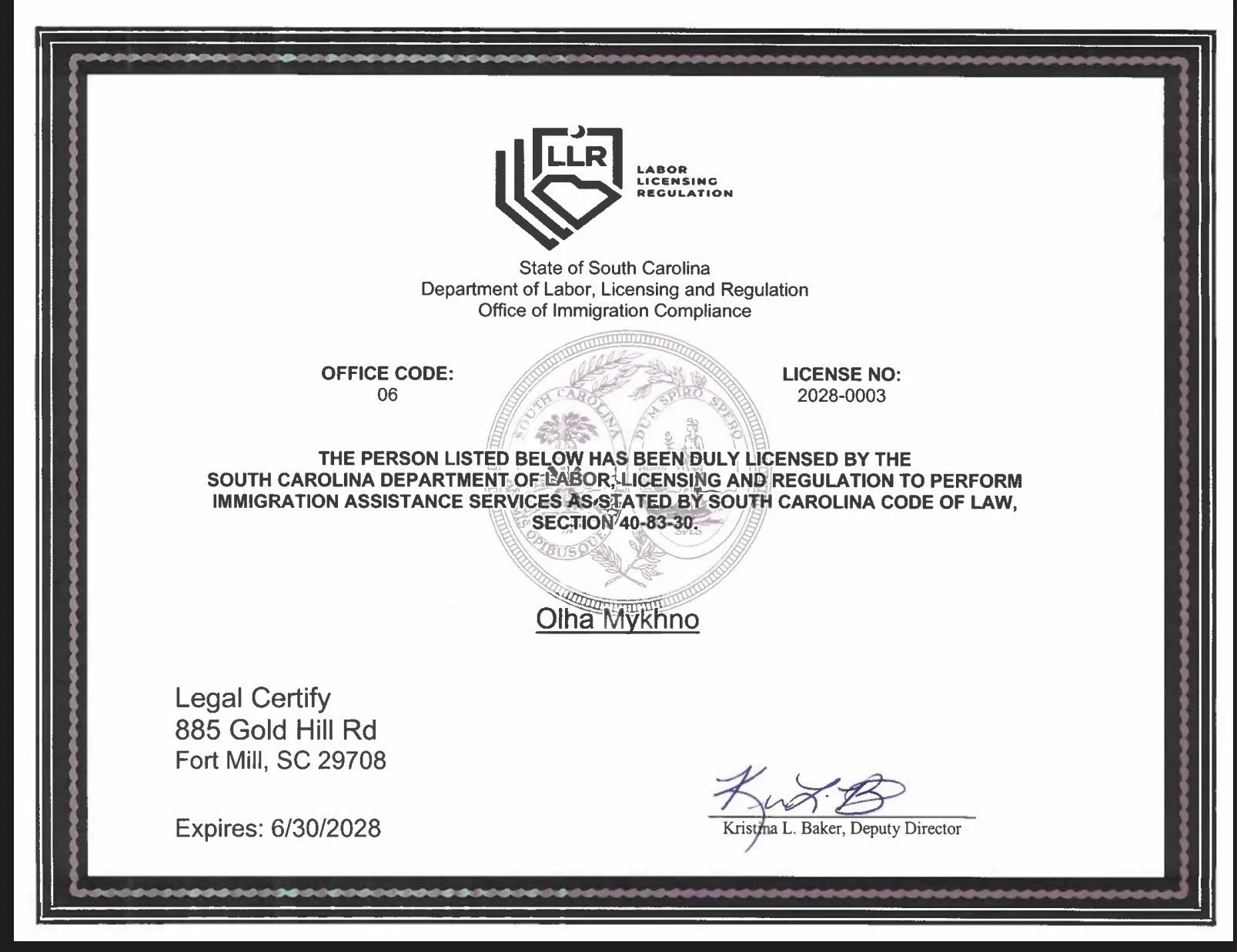 South Carolina Immigration Assistance Services License issued to Olha Mykhno by the Department of Labor, Licensing and Regulation