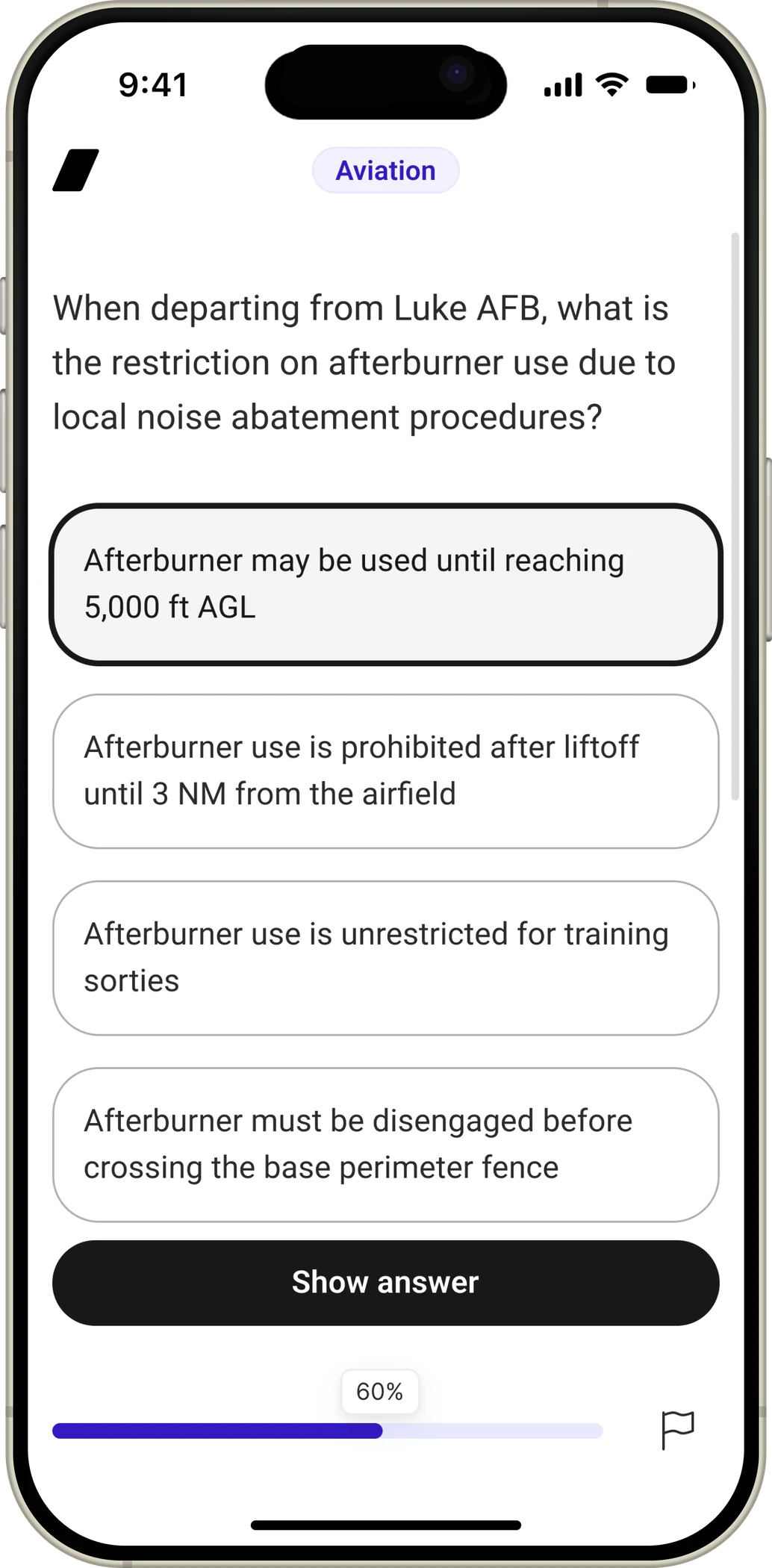 Blank Slate mobile app showing an aviation reinforcement question