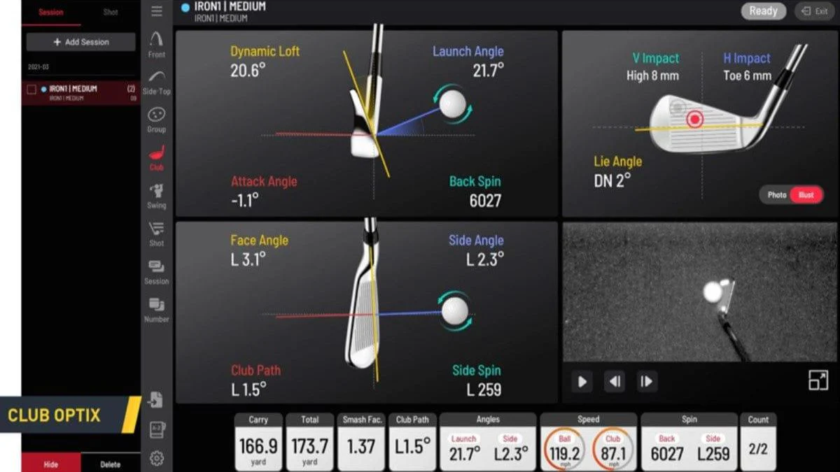 Golf club analysis display shows dynamic loft, launch angle, impact point, face and side angles, spin, and ball speed.