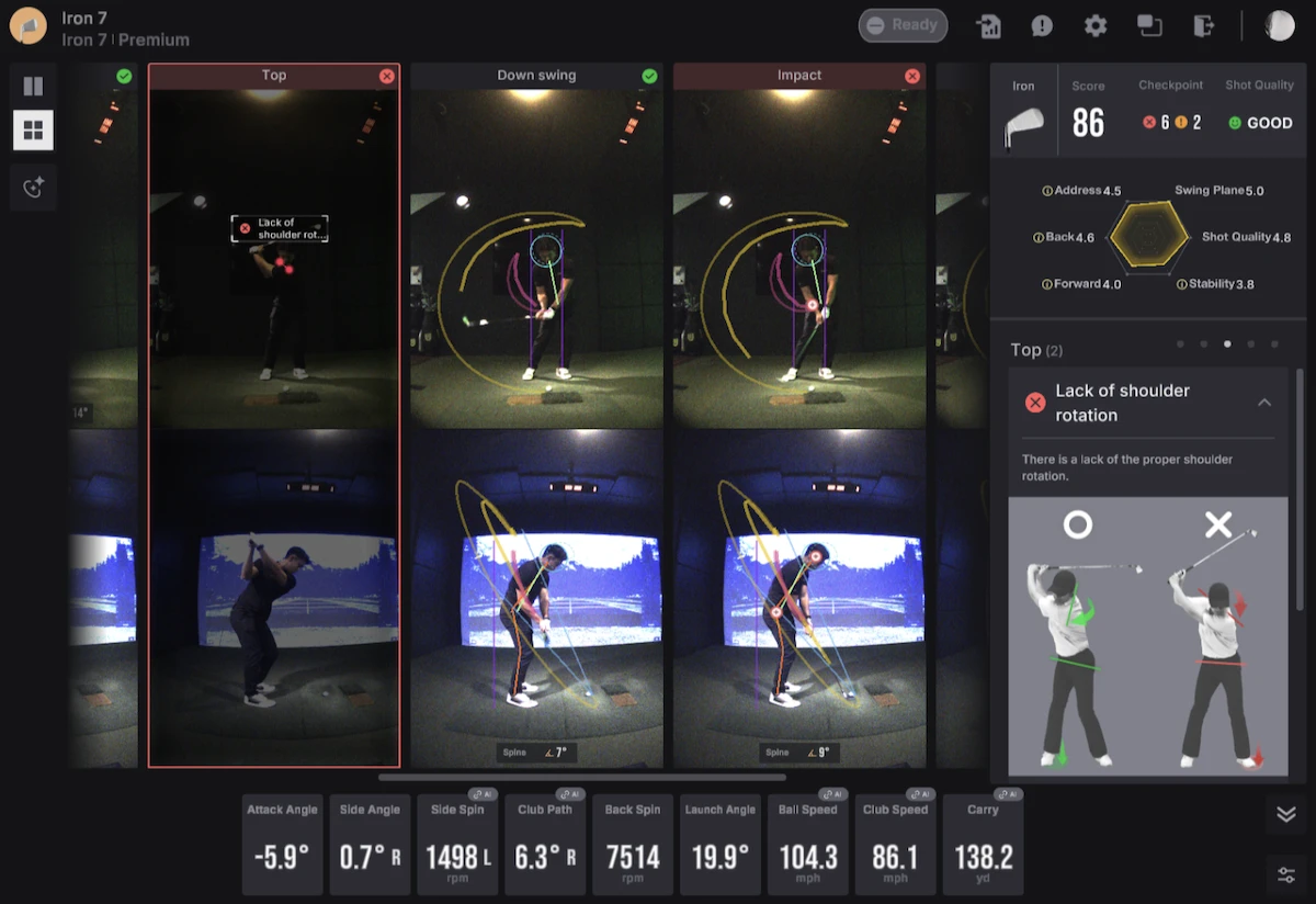 Golf swing analysis showing lack of shoulder rotation with detailed performance metrics and diagrams.