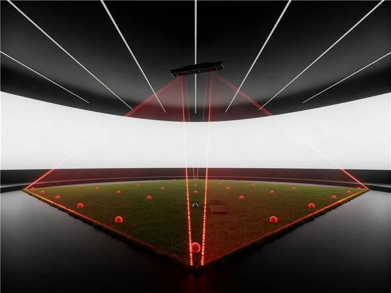 Indoor golf simulator with a turf mat, golf balls, and laser sensors projecting red light lines.