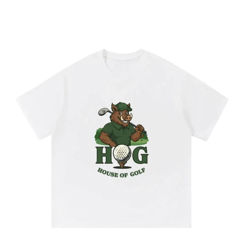 Front: HOG House of Golf boar mascot logo on a white Essential Cotton T-Shirt