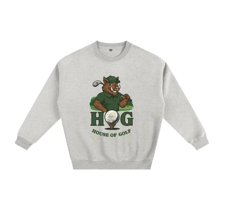 Front: HOG House of Golf boar mascot logo on a heather grey Fleeced Sweatshirt
