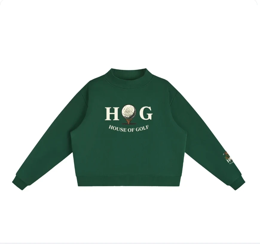 HOG House of Golf logo on a green Essential Fleece Mock-Neck Crew Sweatshirt