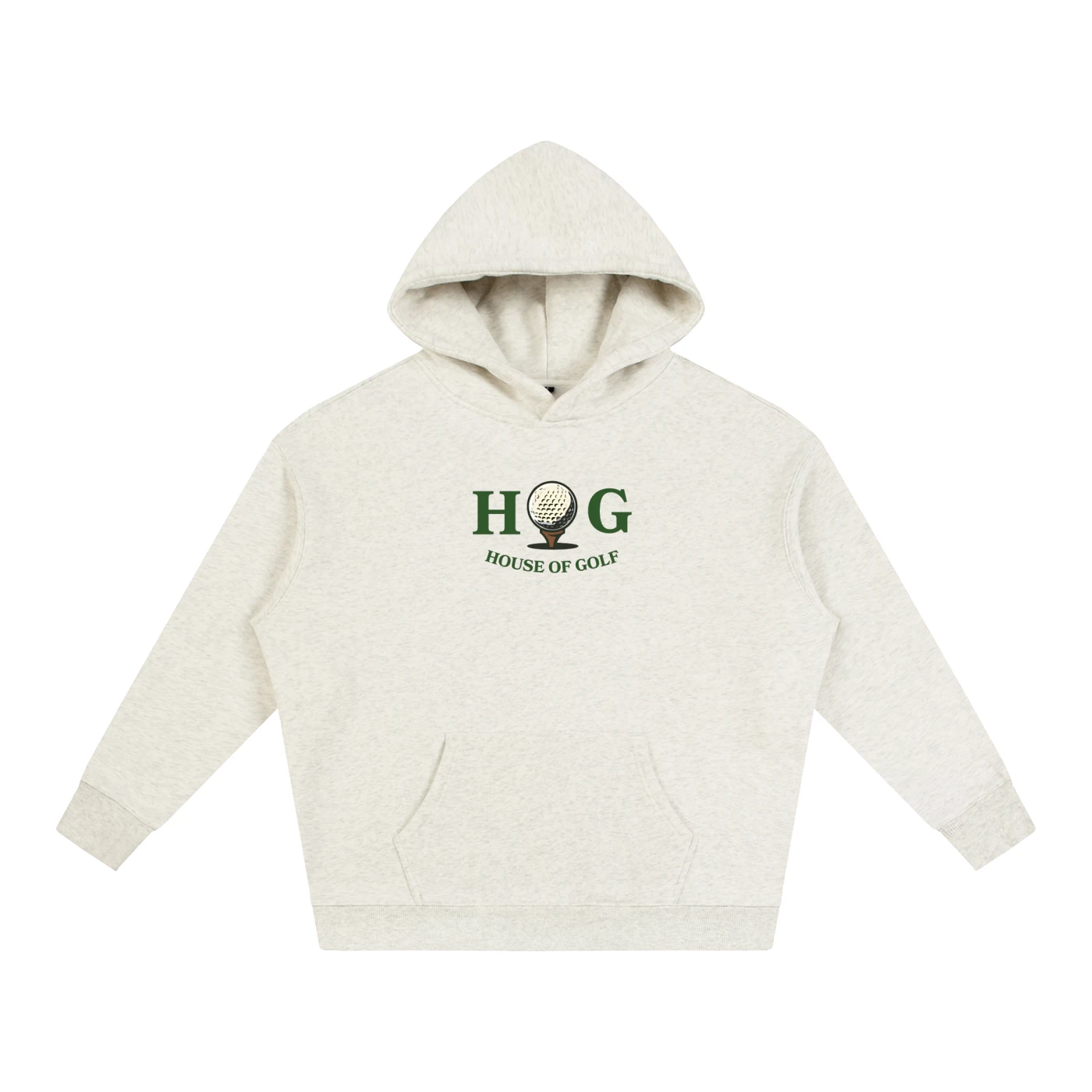 Front: HOG House of Golf logo on a heather oatmeal Oversize Fleeced Hoodie