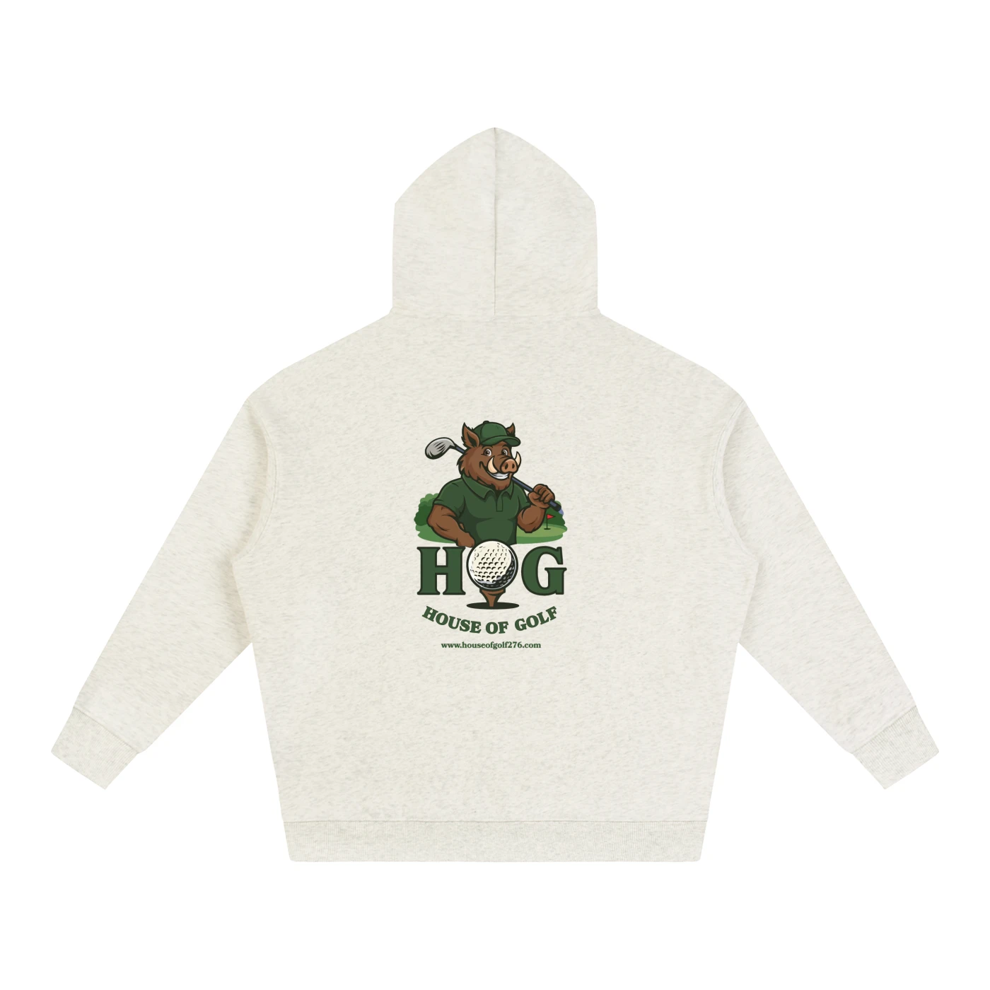 Back: HOG House of Golf boar mascot logo on a heather oatmeal Oversize Fleeced Hoodie