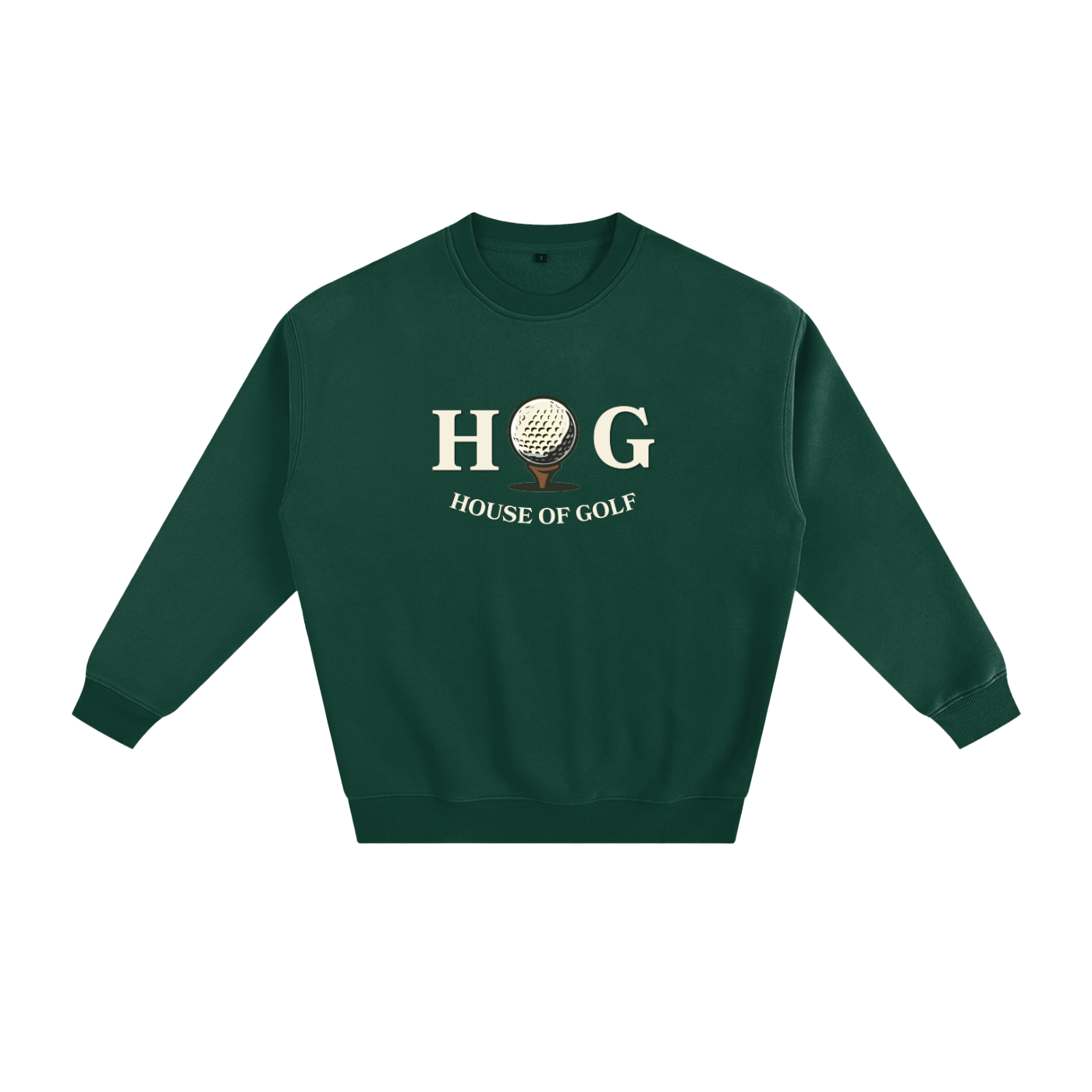 HOG House of Golf logo on a green Fleeced Sweatshirt