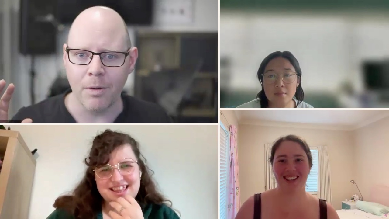 Scot leads an online mentoring conversation with three voice teachers listening and smiling.