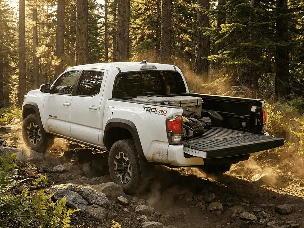 Truck in the woods with a Scorpion-lined bed