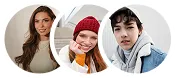 Three young adults in circular frames wearing casual winter clothing and smiling at the camera.