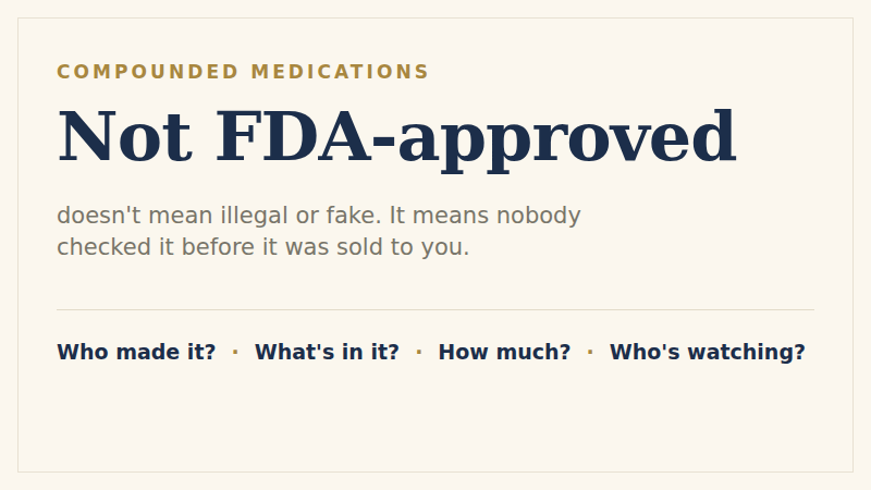 Two statements side by side. What "compounded" means: not FDA-approved — the FDA does not verify the safety, effectiveness or quality of compounded drugs before they are marketed, in the agency's own words. What it doesn't mean: illegal, or fake — compounding is lawful and regulated, and the category alone tells you nothing about the vial in your hand. Beside them, the four questions that do tell you something: who made it, what's in it, how much am I taking, and who's watching.