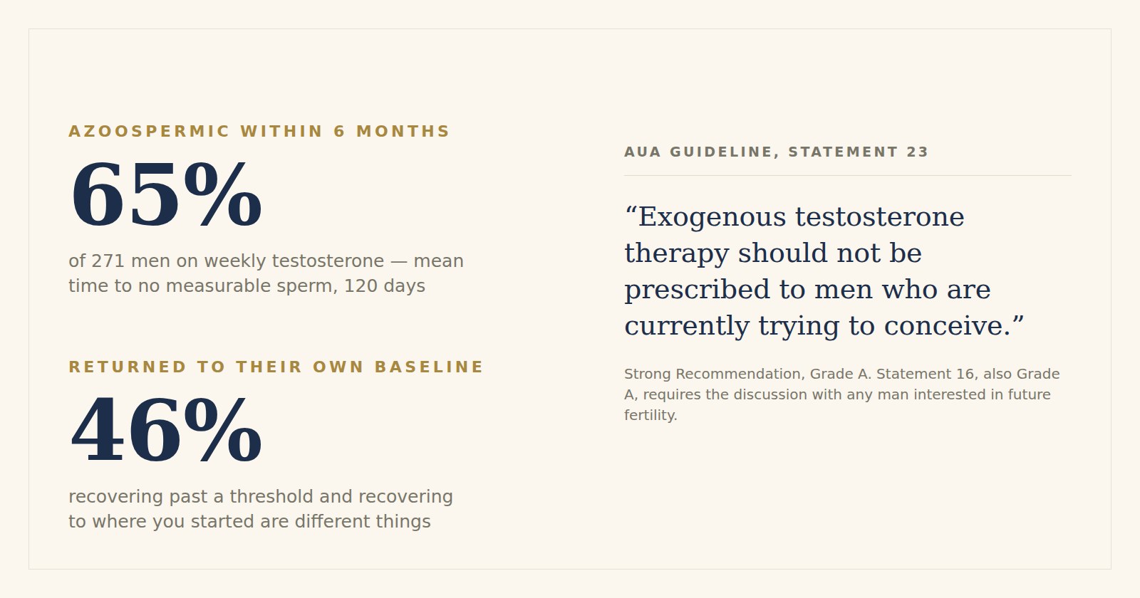 Two figures. Azoospermic within six months: 65 percent of 271 men on weekly testosterone, with a mean time to no measurable sperm of 120 days. Returned to their own baseline: 46 percent — recovering past a threshold and recovering to where you started are different things. Beside them, the American Urological Association guideline, Statement 23, a Strong Recommendation graded A: exogenous testosterone therapy should not be prescribed to men who are currently trying to conceive.