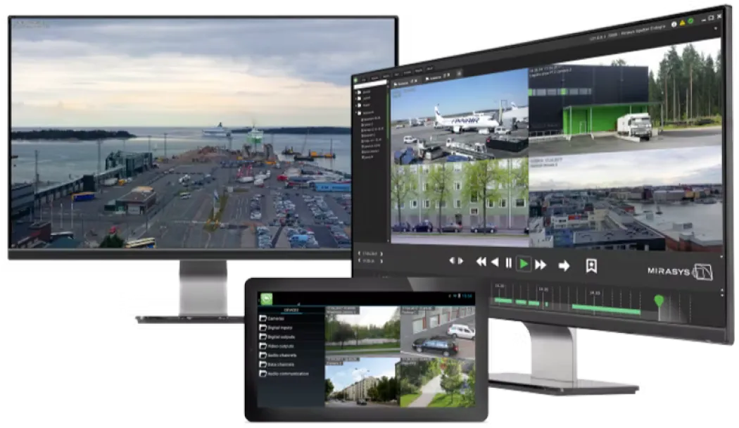 Mirasys VMS interface on desktop monitors and a tablet