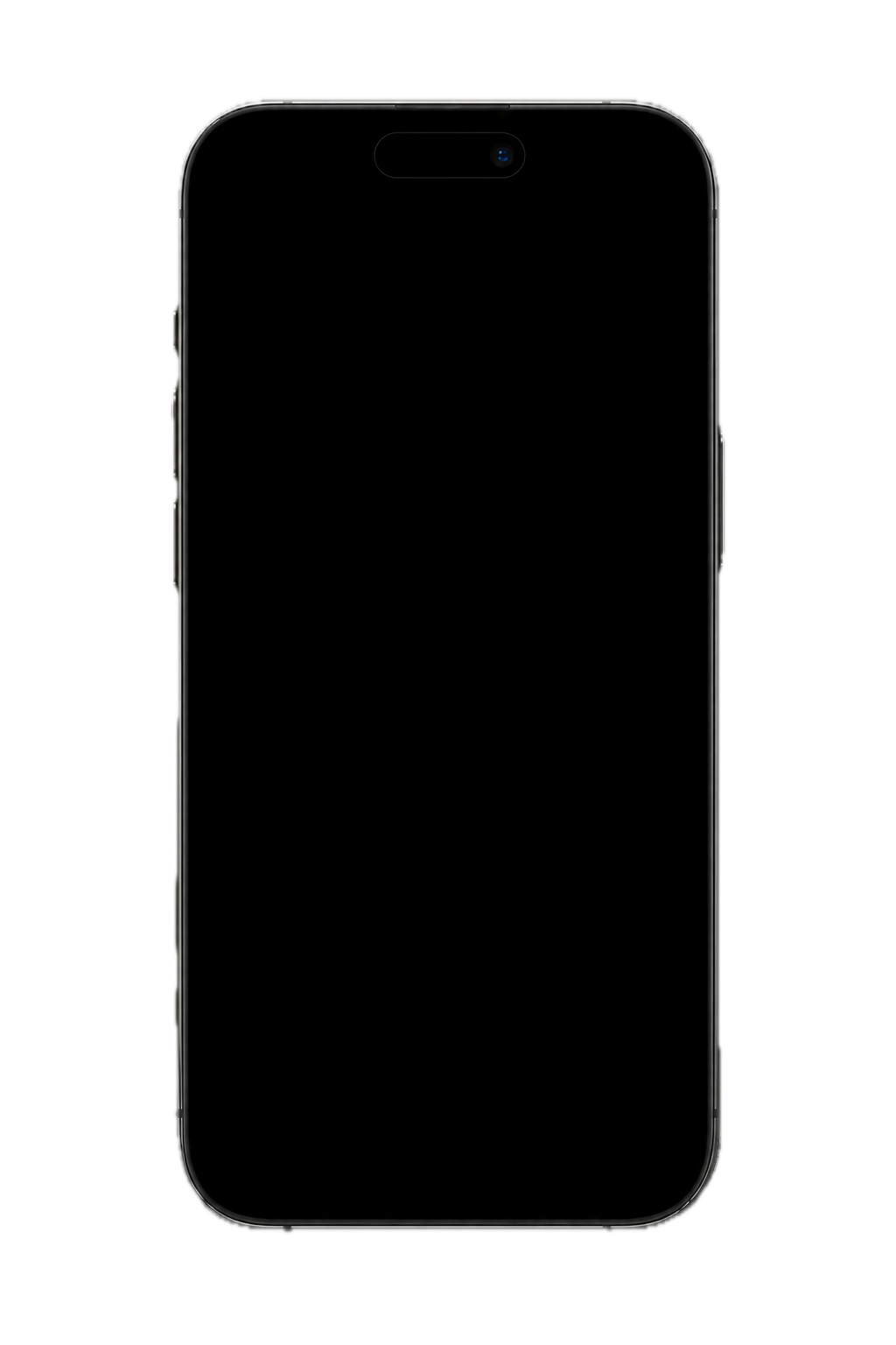Front view of a black smartphone with a blank screen, showing side buttons and front camera.