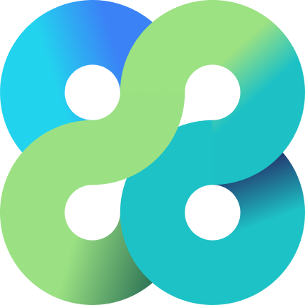 Abstract logo with two green and two blue interconnected rings forming a symmetrical shape.