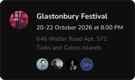 Event details for Glastonbury Festival from 20-22 October 2026 at 8 PM, showing location and attendee icons.