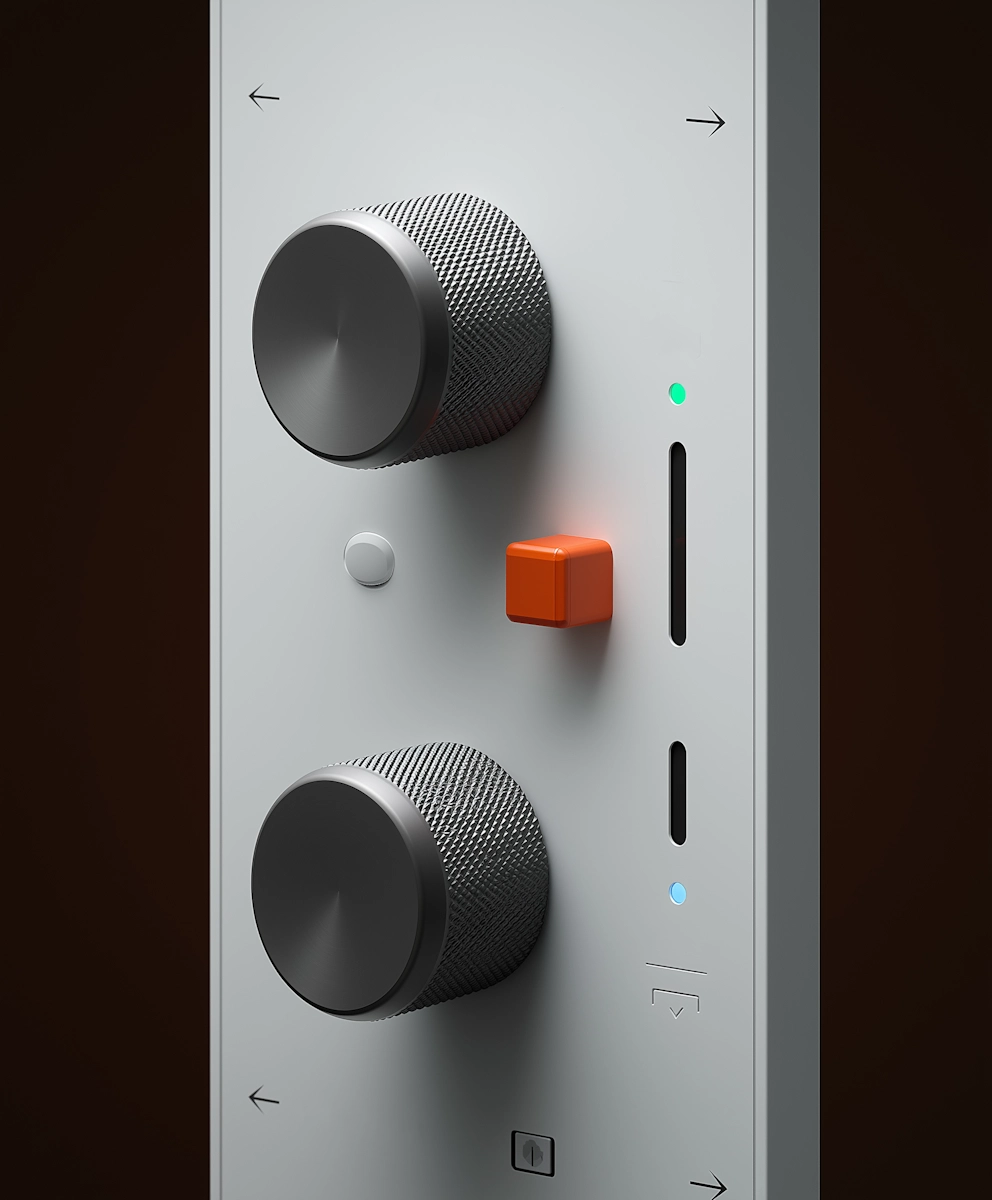Minimalist control panel with two black textured knobs, one orange square toggle, and colored indicator lights.
