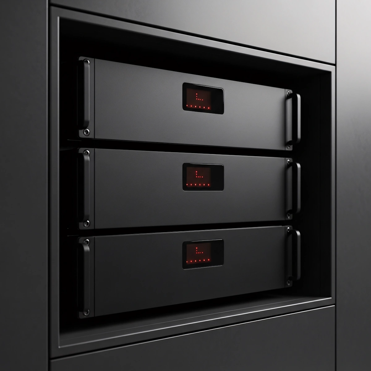 Three black rack-mounted servers with handles and red LED displays stacked vertically.
