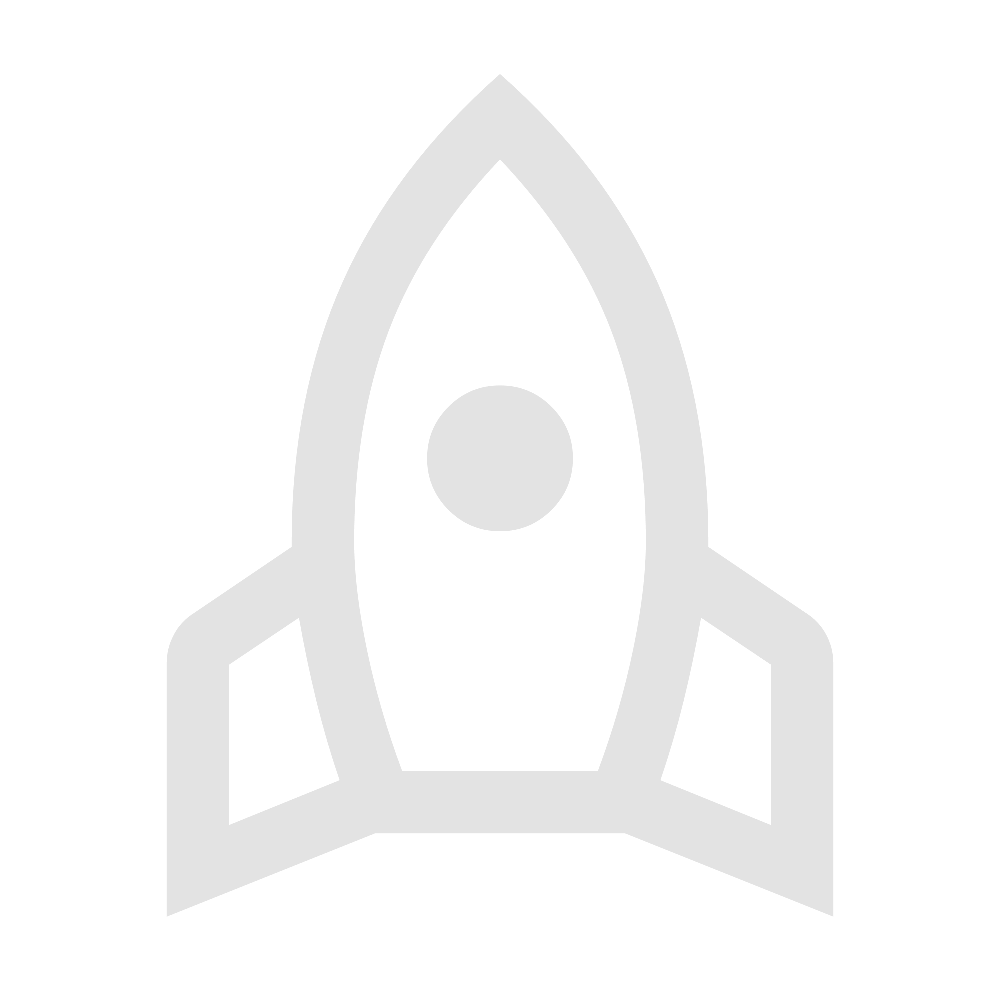 Simple gray rocket icon with rounded body, circular window, and angled fins on black background.