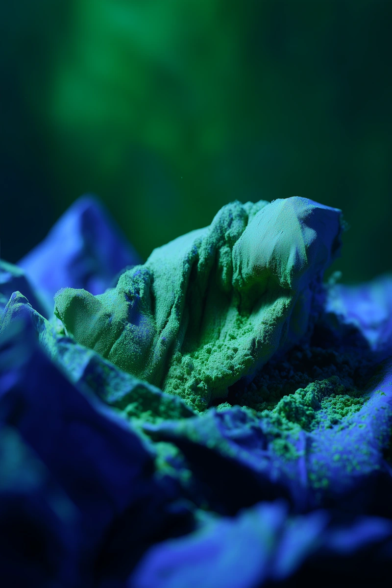 Close-up of textured green powder on crumpled blue fabric under soft light.