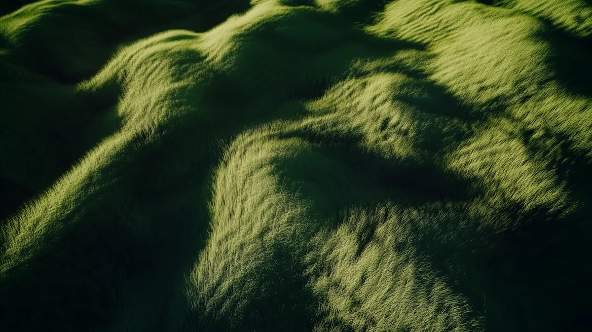 Close-up of textured grassy terrain with light and shadow creating depth and contours.