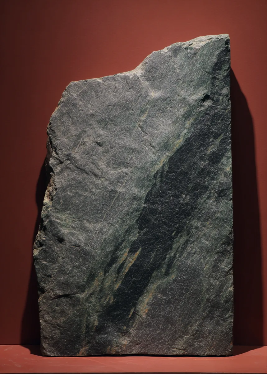 Large, textured gray stone slab with natural cracks and dark streaks against a reddish background.