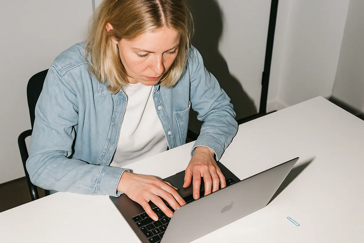 Person with blonde hair typing on a silver laptop at a white desk.