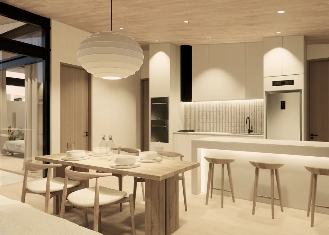 A Habitat kitchen and dining table with glass water carafes