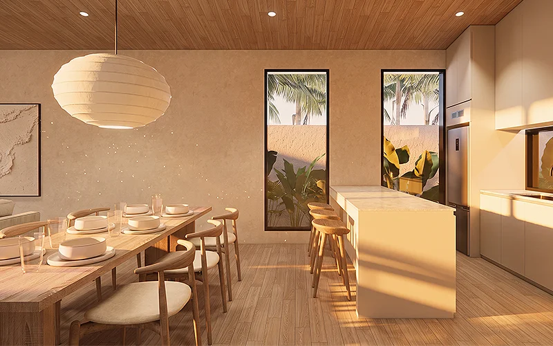The open kitchen and dining room of a Habitat Vibe villa, opening onto the garden
