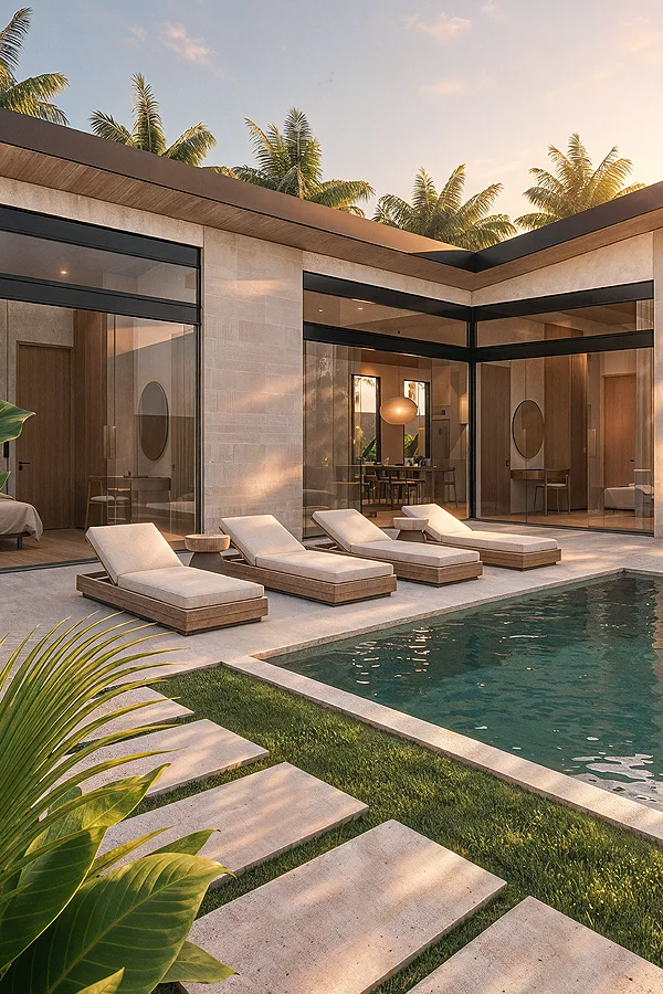 The open kitchen and dining room of a Habitat Vibe villa, opening onto the garden
