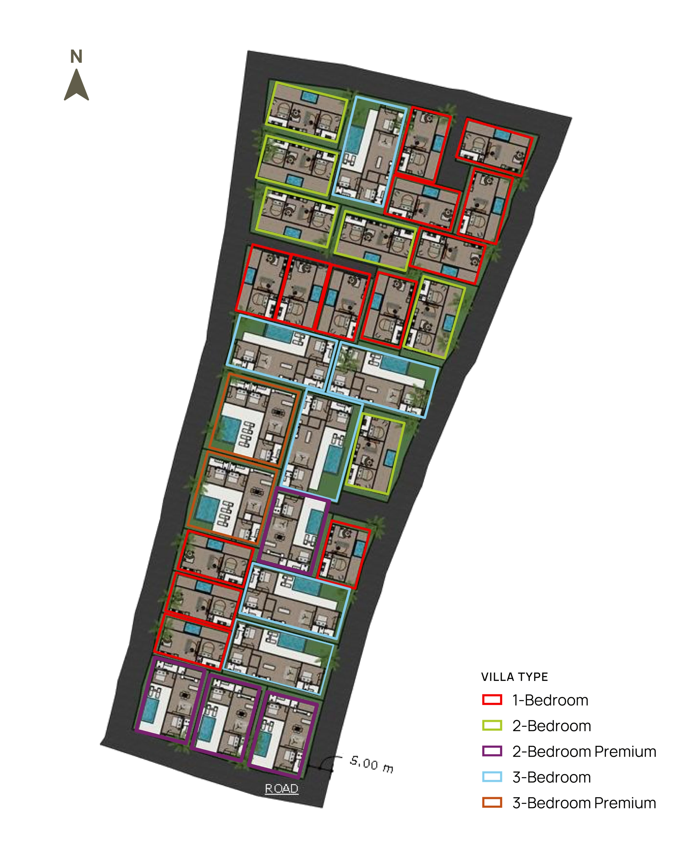 Habitat Vibe masterplan with north marker and road frontage, each villa outlined by type: 1-bedroom, 2-bedroom, 2-bedroom premium, 3-bedroom and 3-bedroom premium