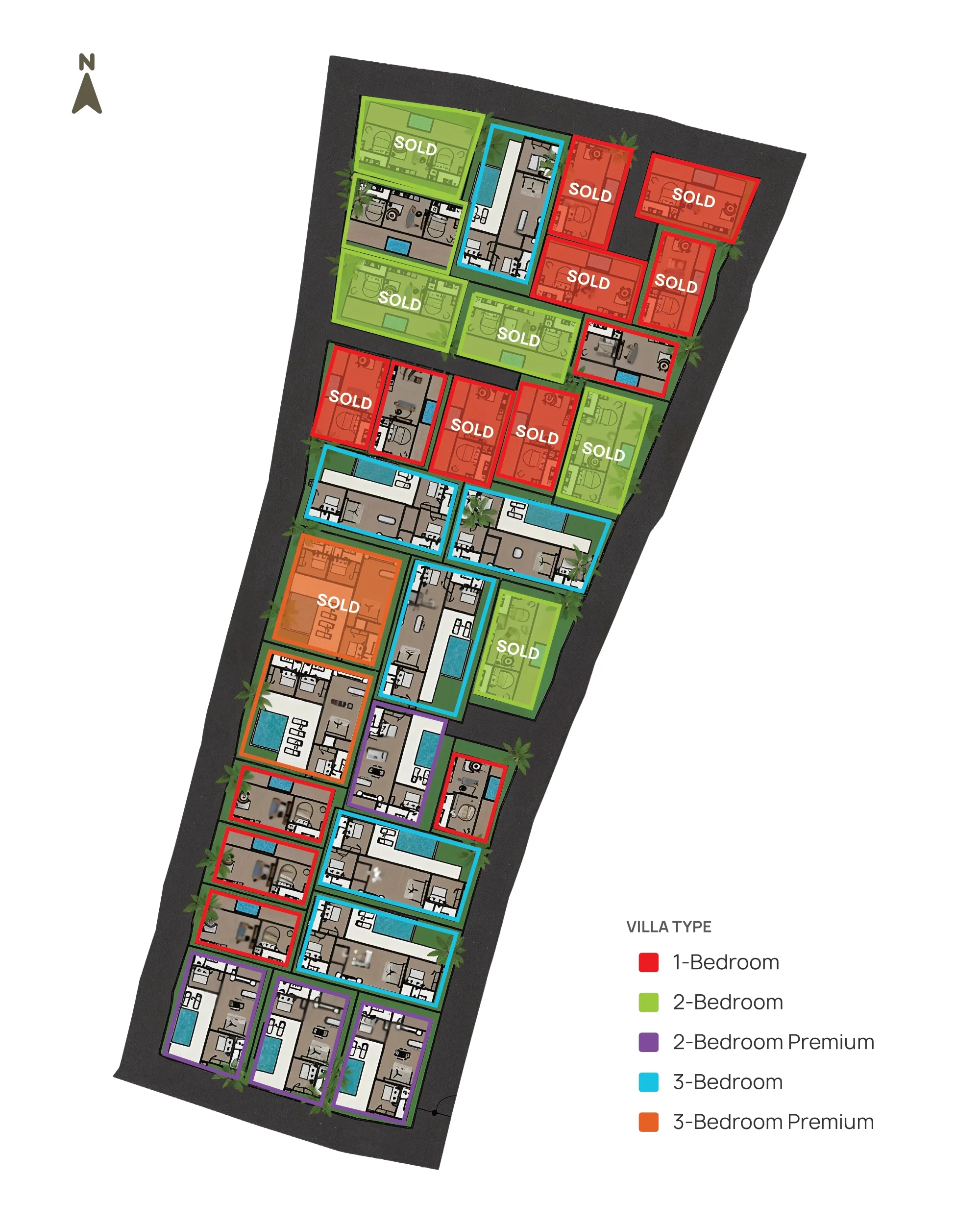 Habitat Vibe availability map with north marker, each villa outlined by type, sold villas filled and marked SOLD: 1-bedroom, 2-bedroom, 2-bedroom premium, 3-bedroom and 3-bedroom premium