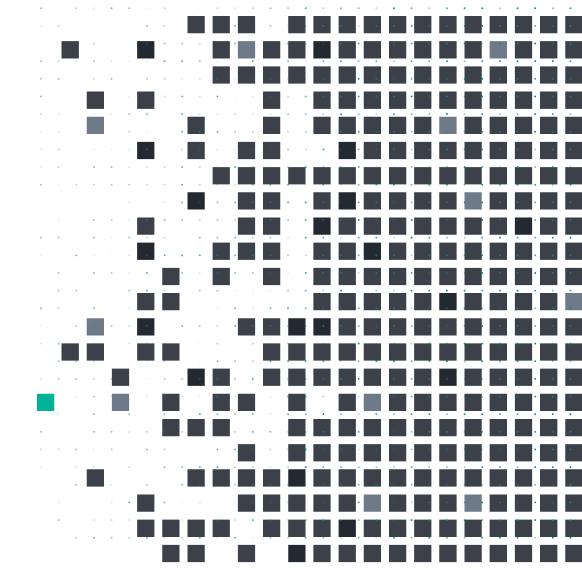 Abstract pattern of small grey squares gradually increasing in size and density from left to right on a black background, with a single teal square on the left side.