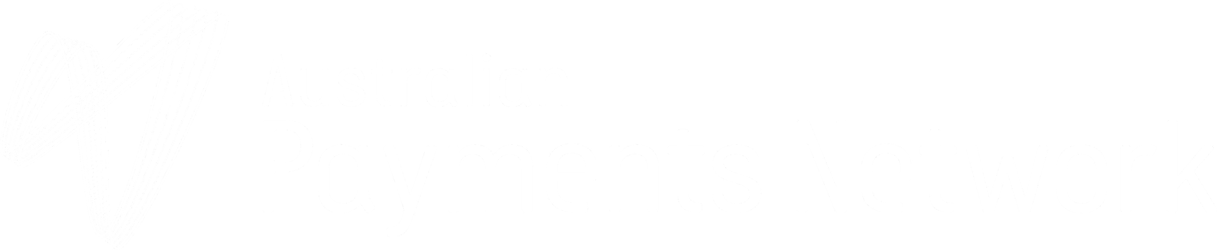 White Australian Payments Network logo with abstract ribbon shape to the left on a black background.