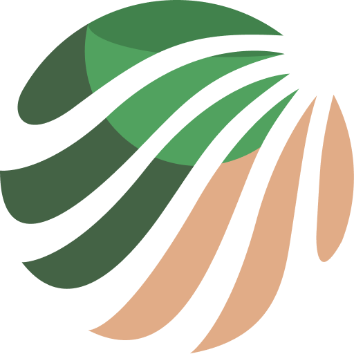 Abstract mark with alternating green and beige curved shapes resembling stylized leaves or feathers.