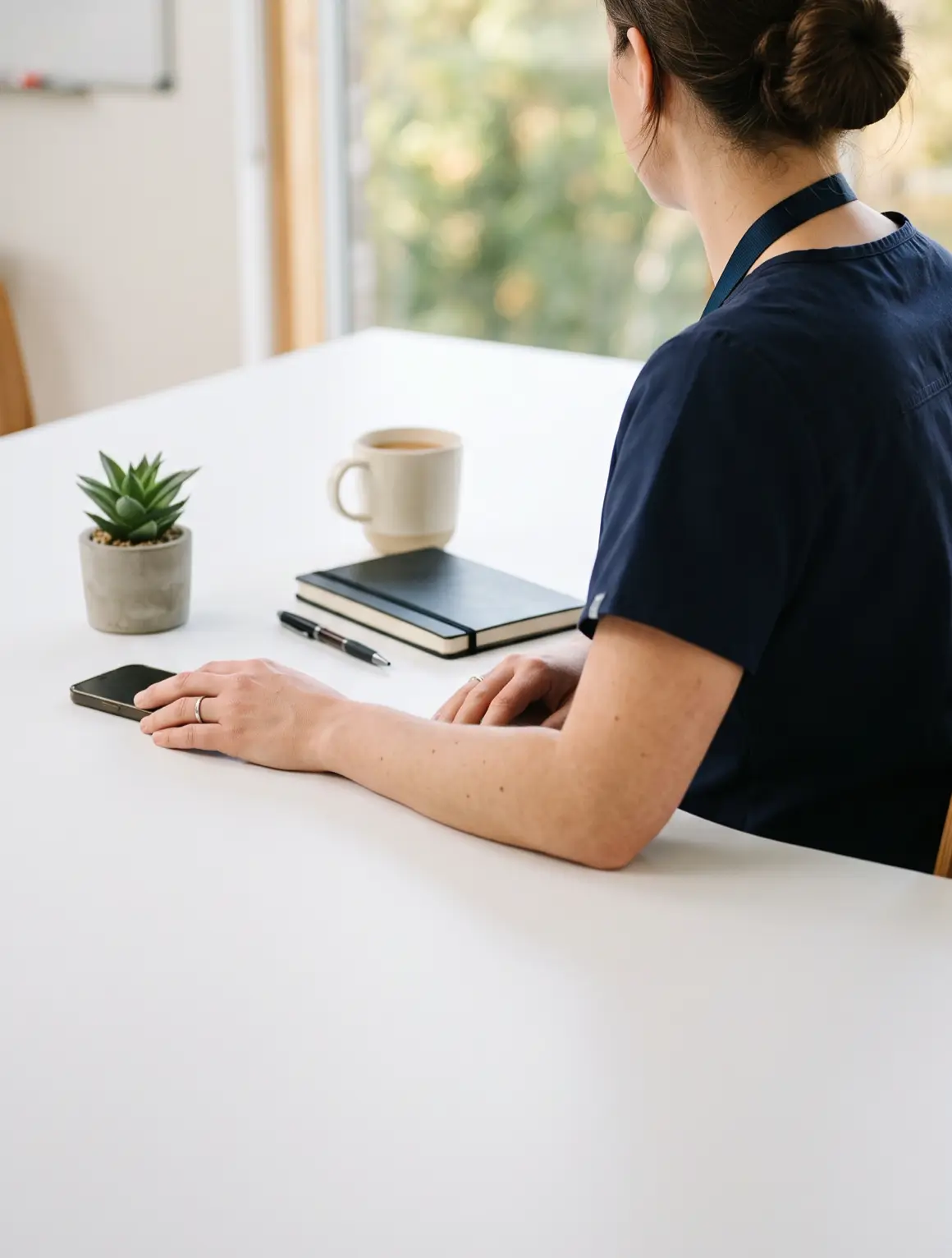 Woman in scrubs sitting at a desk with a phone, notebook, pen, and coffee mug