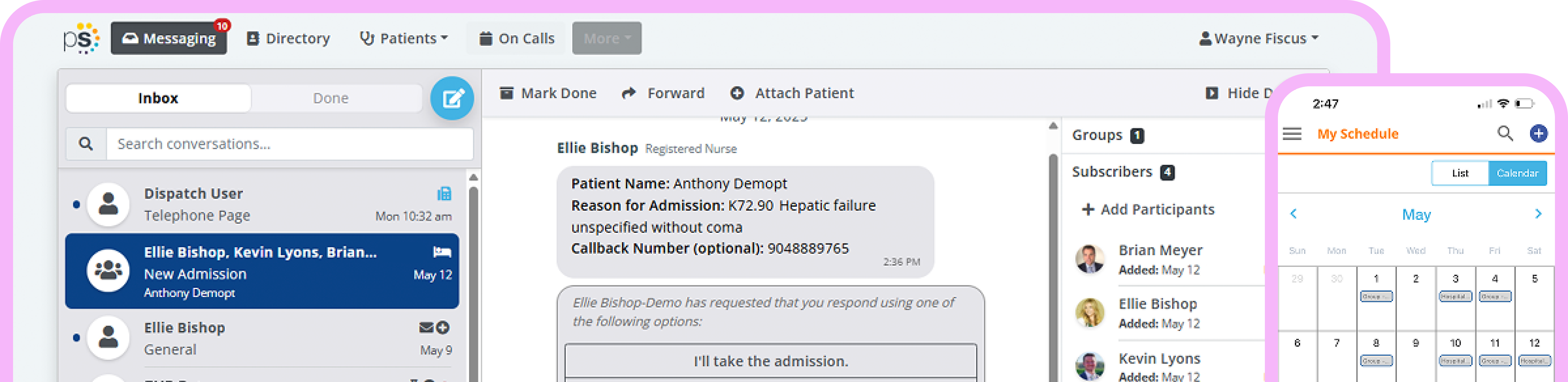 Healthcare software interface showing patient admission request and schedule view