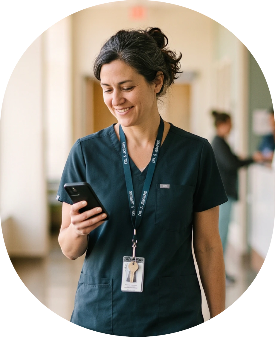Smiling healthcare worker in scrubs holding a phone in a hallway