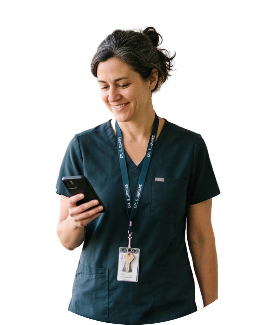 a physician checking PerfectServe software on a mobile device